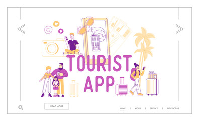 Naklejka premium Tourists App Concept for Landing Page Template. People Go Travel Booking Tickets Use Mobile Phone. Passenger Characters with Luggage at Huge Cellphone with Trip Application. Linear Vector Illustration