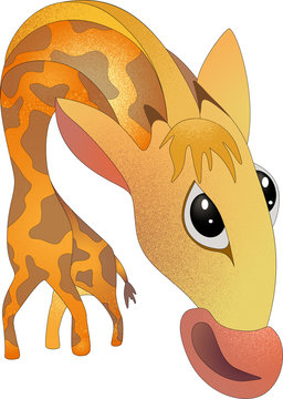 Vector image of a giraffe in an awkward pose curved by an arc with a perplexed look.