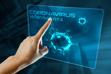 a woman's finger click information on the corona virus on a digital screen - obrazy, fototapety, plakaty