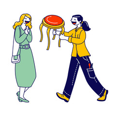 Happy Woman Designer Character Giving Renovated Stool to Grateful Customer. Restoration and Modernization Works Business or Hobby. People Engaged Creative Activity, Service. Linear Vector Illustration