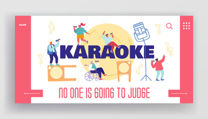 People Sing in Karaoke Club Concept for Landing Page Template. Male and Female Characters Sing with Microphones and Dynamics on Stage. Holidays and Recreation Time. Cartoon Vector Illustration