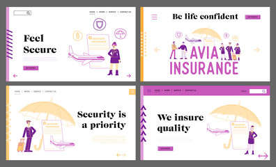 Aviation Insurance, Life and Health Protection Landing Page Template Set. Friendly Air Hostess and Pilot Characters with Paper Policy Document for Money Compensation. Linear People Vector Illustration