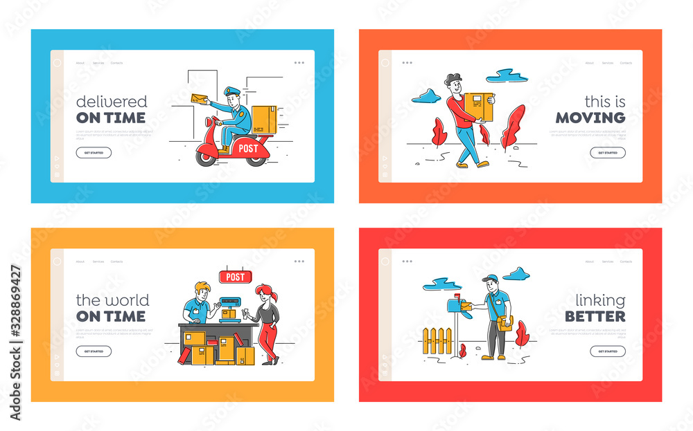 Aufkleber post office workers and clients characters landing page template set. people receiving and sending m