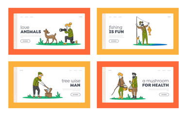 Obraz na płótnie Canvas People Outdoors Active Rest Landing Page Template Set. Male Female Characters Leisure Time. Men and Women Relaxing, Fishing, Taking Pictures, Pick Up Mushrooms Camping. Linear Vector Illustration