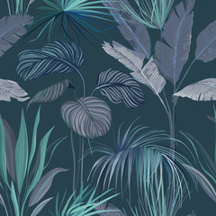 Seamless Tropical Background, Floral Wallpaper Print with Exotic Jungle Leaves, Rainforest Plants, Nature Ornament for Textile or Wrapping Paper Decorative Summer Orchard Pattern. Vector Illustration