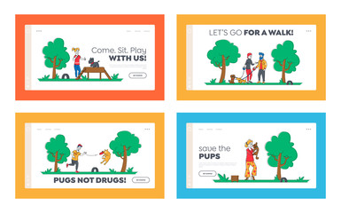 People Spend Time with Pets Outdoors Landing Page Template Set. Characters Walking and Playing with Dogs, Relaxing Open Air. Leisure, Communication Love, Care of Animals. Linear Vector Illustration
