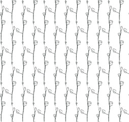 Vector Hand Drawn Line Drawing Doodle Floral Seamless Pattern with Wildflowers, Plants, Branches, Leaves. Design Elements Illustration. Branding. Swatch