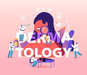Dermatology Concept. Tiny Doctors Characters around of Huge Woman with Skin Problems. People Visit Clinic for Treatment and Cosmetology Procedures Poster Banner Flyer. Cartoon Vector Illustration
