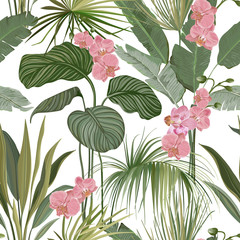 Naklejki  Bezszwowe kwiatowy tropikalny nadruk z egzotycznych orchidei różowe kwiaty, zielone liście dżungli na białym tle. Kwiaty i rośliny z lasu deszczowego, ozdoba tekstylna natury lub papier do pakowania. Ilustracja wektorowa