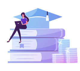 Educational Loan Concept. Tiny Female Student Character Work on Laptop Sitting on Huge Book Pile with Academic Cap and Coins. Young Woman Prepare for Exam, Get Knowledge. Cartoon Vector Illustration