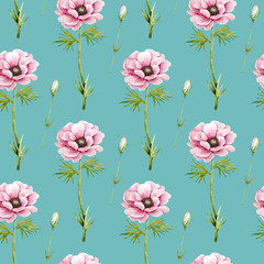 pattern with delicate pink flowers anemones on a blue background, watercolor illustration