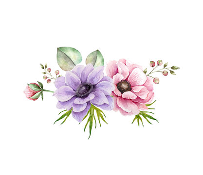 bouquet with delicate flowers of pink and lilac anemones, watercolor illustration. bouquet for wedding invitations