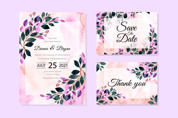wedding invitation card with green purple leaves watercolor background