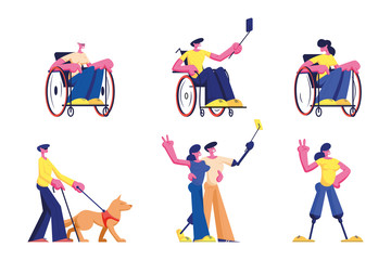 Fototapeta na wymiar Set of Disabled People Lifestyle. Male and Female Handicapped Characters Young and Old Men and Women Riding on Wheelchair, Walk with Dog Guide, Make Selfie, Meet Friends. Cartoon Vector Illustration