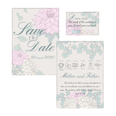 Wedding floral invitation, save the date card, dress code card and plan of wedding day: dahlia, eucalyptus branches on craft background with frame. Elegant rustic template.