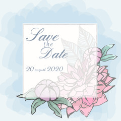 Wedding floral invitation, save the date card: dahlia and calathea leaves on colorful background with frame. Elegant rustic template. All elements are isolated and editable