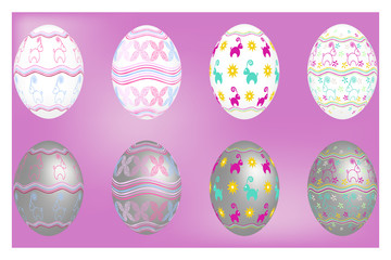 Volumetric Easter eggs of white and gray on a purple background with a delicate pattern in the form of wavy lines, flowers and baa-lambs. Vector