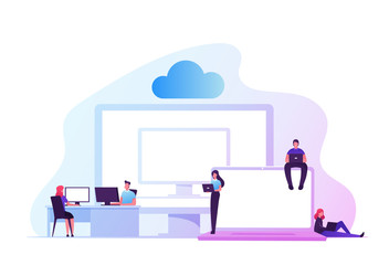 Virtual Machines, Vms Technology Concept. Characters Use Pc Software Provide Same Functionality as Physical Computers, Building Virtualized Cloud Computing Environments. Cartoon Vector Illustration