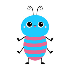 Cute bug beetle. Insect animal. Cartoon kawaii smiling baby character. Blue and pink stripes. Education cards for kids. Isolated. White background. Flat design.