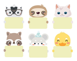 Cute Animals Holding Blank Cards.