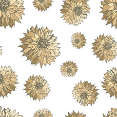 Hand-drawn dahlias seamless pattern. Isolated floral elements. Vector flowers on white background.