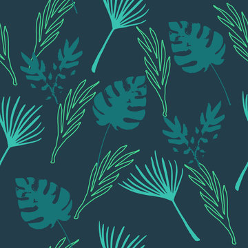 Funky Tropical Vector Seamless Pattern. Feather Dandelion Banana Leaves Monstera Tropical Seamless Pattern. 