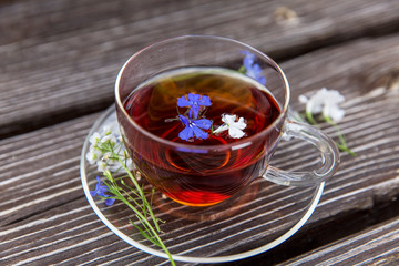 A transparent cup with tea with herbs and small flowers. Health and detox cleansing.