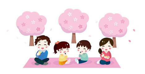 Illustration of a family watching cherry blossoms under a cherry tree