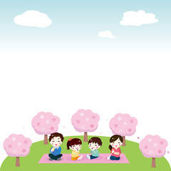 .Illustration frame of a family watching cherry blossoms under the blue sky