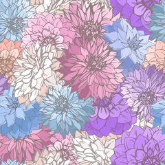 Foto op Canvas Hand-drawn dahlias seamless pattern. Colorful line art floral elements. Vector flowers on white background. © rinafioletovaya