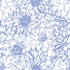 Hand-drawn dahlias seamless pattern. Blue line art floral elements. Vector flowers on white background.
