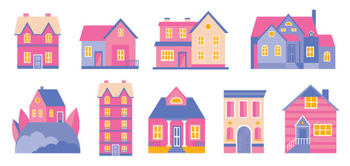 Set of doodle cute houses. Cozy cartoon hand drawn buildings in retro pastel colors