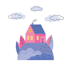 colored house on the hill. Cozy houses street flat vector banner template