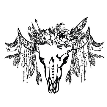 Buffalo Skull With Feathers And Dreamcatcher. Hand Drawn Sketch. Native American Totem