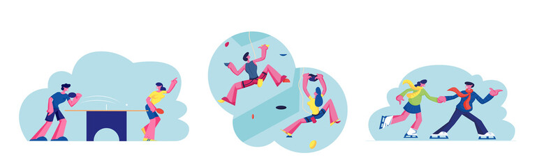 Fototapeta na wymiar Set of People Sport Activity, Characters Climbing Wall, Playing Ping Pong and Skating on Ice Rink. Man and Woman in Recreation Area for Sports Training and Leisure Games. Cartoon Vector Illustration
