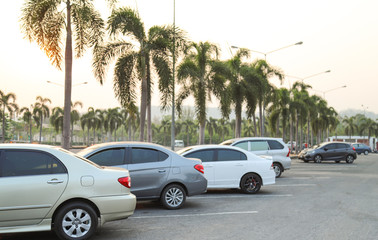 Closeup of rear, back side of golden car with  other cars parking in outdoor parking area with natural background and sunset sky. 