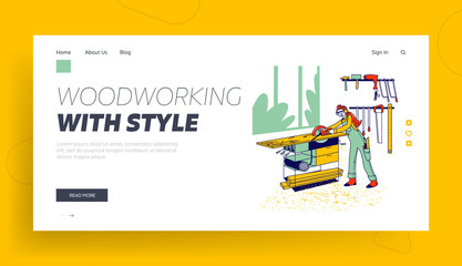 Obraz na płótnie Canvas Woman Work in Carpentry Shop Landing Page Template. Girl Carpenter Character Wearing Overalls and Protective Glasses Working with Electric Saw on Wooden Table Cutting Board. Linear Vector Illustration