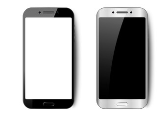 Black and white smartphone with shadow, camera and glare, mobile phone with empty screen for your design on isolated background, vector illustration