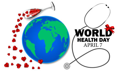 World health day, celebrated on April 7, globe concept, stethoscope and heart, vector illustration