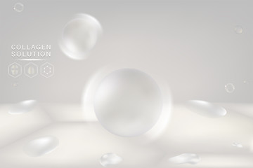 Hyaluronic acid skin solutions ad, white collagen serum drop with cosmetic advertising background ready to use, illustration vector.	