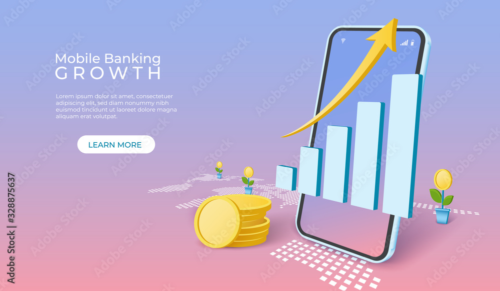 Poster savings money and investing concept. growth charts and arrow with smartphone. mobile application ban