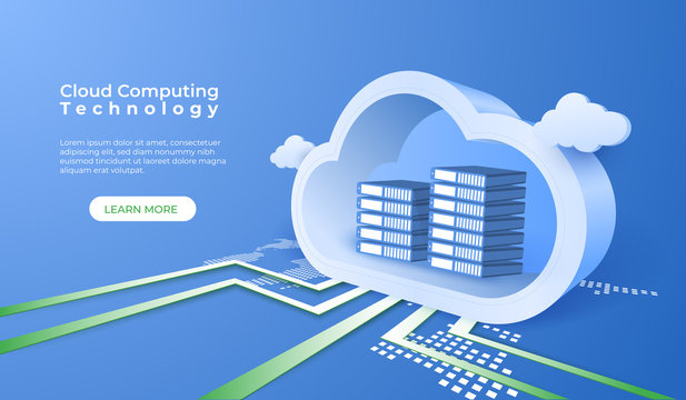 Cloud computing technology background. Digital online service. 3d cloud perspective vector illustration.