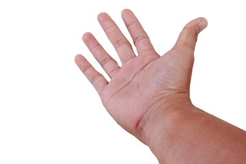 Male asian hand gestures isolated over the white background. POINTING POSE. FIRST PERSON VIEW. Touching.