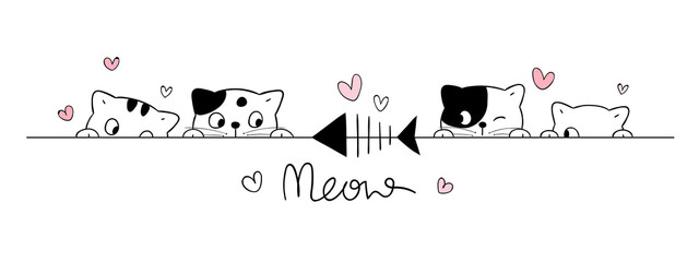 Draw cute cats look at fish on white.