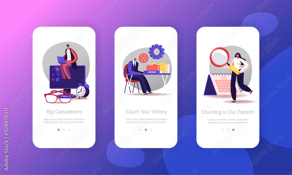 Poster audit mobile app page onboard screen template. financial inspector and secretary characters making r