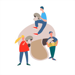 People picking mushrooms vector illustration. Harvesting concept. Agritourism concept. Mushroom cultivating concept. Hand drawn illustration in abstract flat style