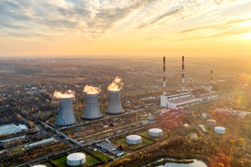 An energy station that generates heat and electric energy for heating and lighting urban homes. Aerial view.