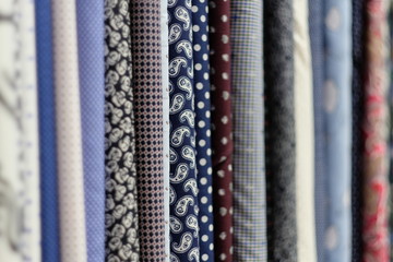 close up various beautiful cotton piece goods. Blur background