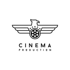 Film reel and line art eagle bird with star for movie production logo design
