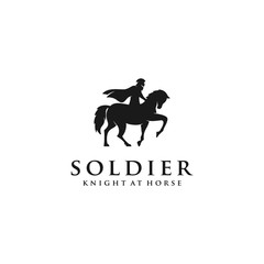 Horseback Knight Silhouette logo, Horse Warrior Paladin Medieval logo design illustration